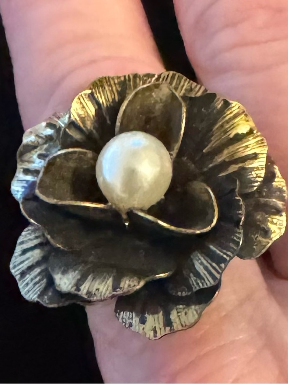 Vintage-Inspired Brass Flower Ring with Pearl Center